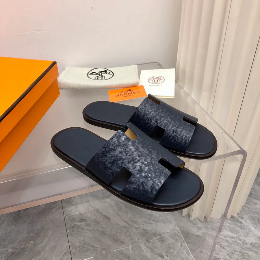 Hermes Izmir Sandal Noir Smooth Calfskin Leather Marine
