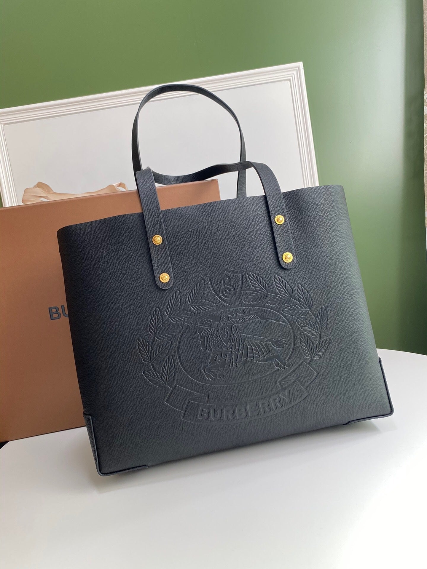 Burberry Embossed Crest Leather Tote Black